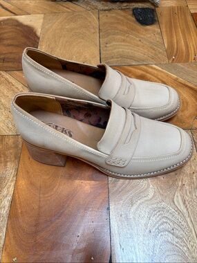 Kork Taupe Loafers with Block Heel